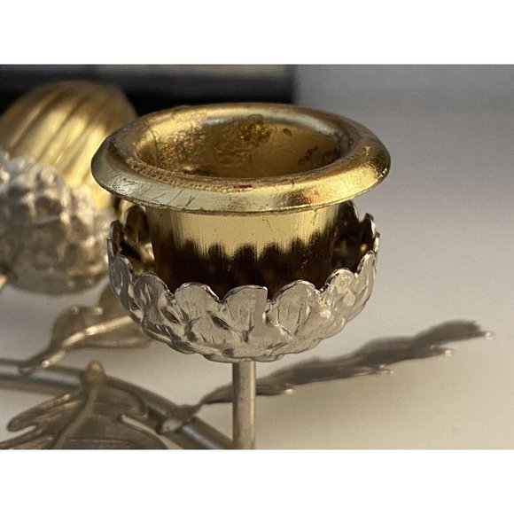 Silver & Gold Tone Horizontal Candlestick Stick Holder Leaf w Hazelnut Design - Picture 6 of 16